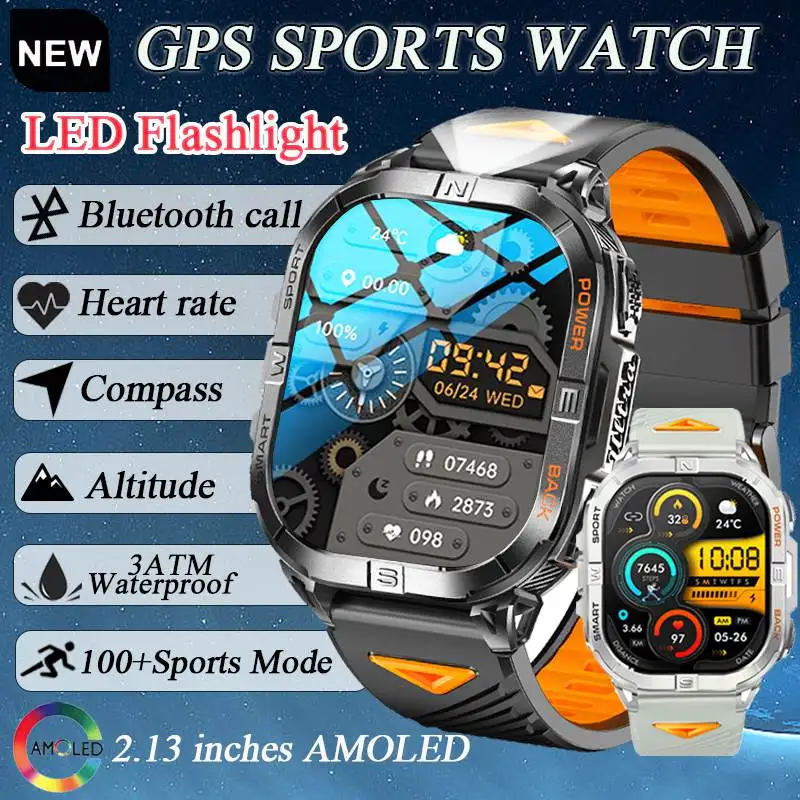 

New Flashlight Smart Watch Men GPS Bluetooth call 3ATM Waterproof Altimeter Compass 2.13-inch AMOLED 580MAH 100+Sport SmartWatch