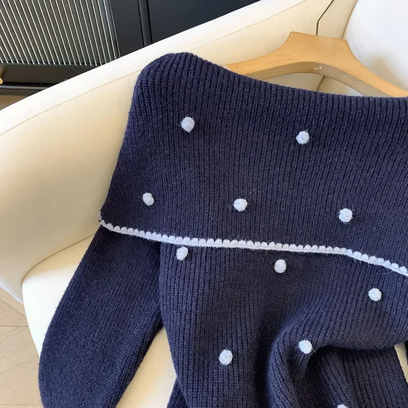 Maglione a pois Moda donna Sexy Slash Neck Pullover lavorato a maglia Coreano Elegante maglieria bianca Maglioni slim a maniche lunghe invernali