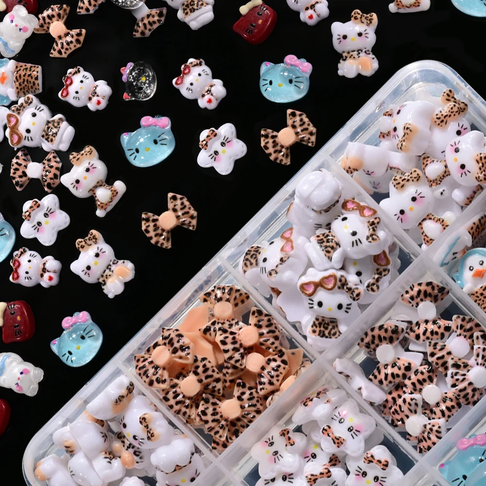 12 شبكة ليوبارد طباعة سلسلة مرحبا كيتي مسمار السحر Kawaii ليوبارد Bowknot نظارات كيتي مسمار الفن حجر الراين الكرتون مسمار أجزاء