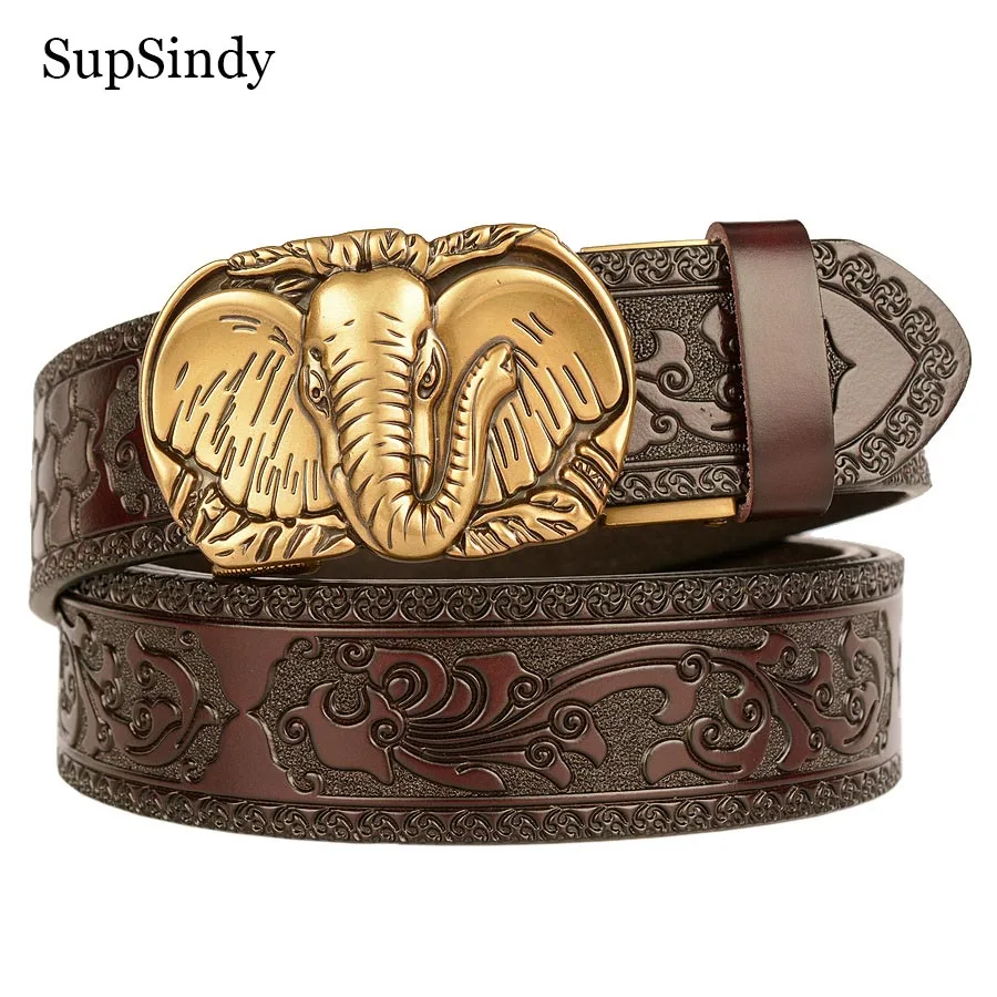 

SupSindy Men Genuine Leather Belt Luxury Elephant Metal Automatic Buckle Cowhide Belts for Men Jeans Waistband Male Strap Black