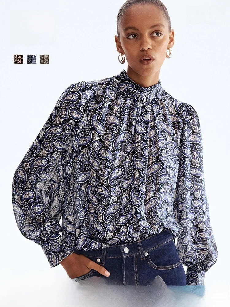 

Spring Women's Stand Collar irt H&M Casual Sle Long Sve Polyester Fiber Regular Thin Print Pattern Fitted irt