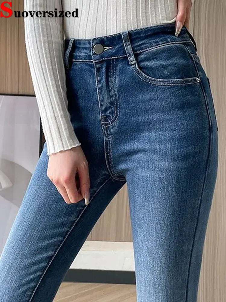 

Женские повседневные узкие джинсы-карандаш, корейские модные эластичные джинсовые брюки с высокой талией, весна-осень, новая уличная одежда, тонкие однотонные Vaqueros