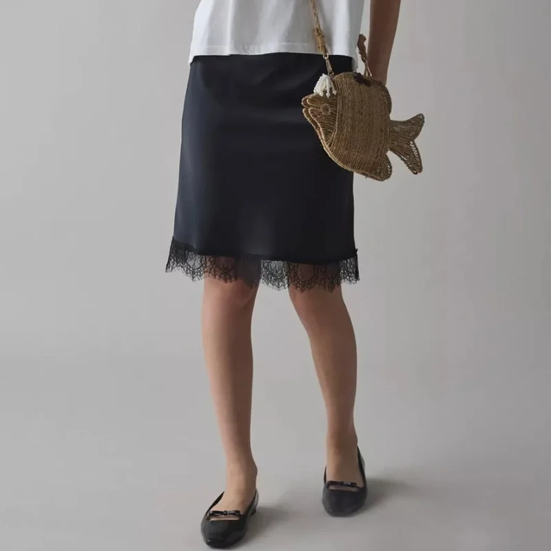 Women's Vinateg Y2k Midi Skirts Lace Trim Hem Satin Skirts Fairy Grunge Bottom Skirts Party Clubwear