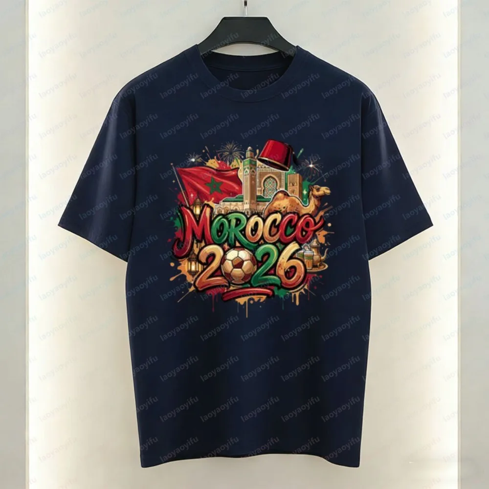 

Morocco 2026 Football Cotton T-Shirt for Men Graffiti Landmarks Graphic Tee Moroccan Soccer Fan Casual Tops Fashion Streetwear