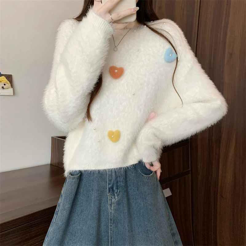 الكورية Sle ort محبوك سترة القلب القرد المنك المخملية الخريف الشتاء جديد Faion الدفء مباشرة محبوك اللون