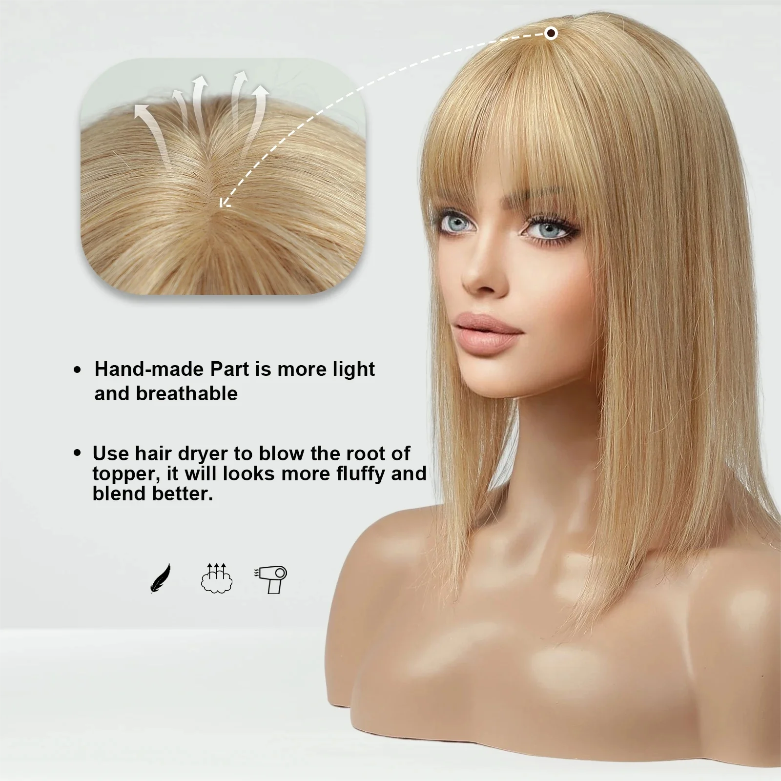 Blonde Human Hair Toppers with Bangs Silk Base Clip In Hairpieces Real Remy Human Hair Topper for Women with Thinning Hair Wigs