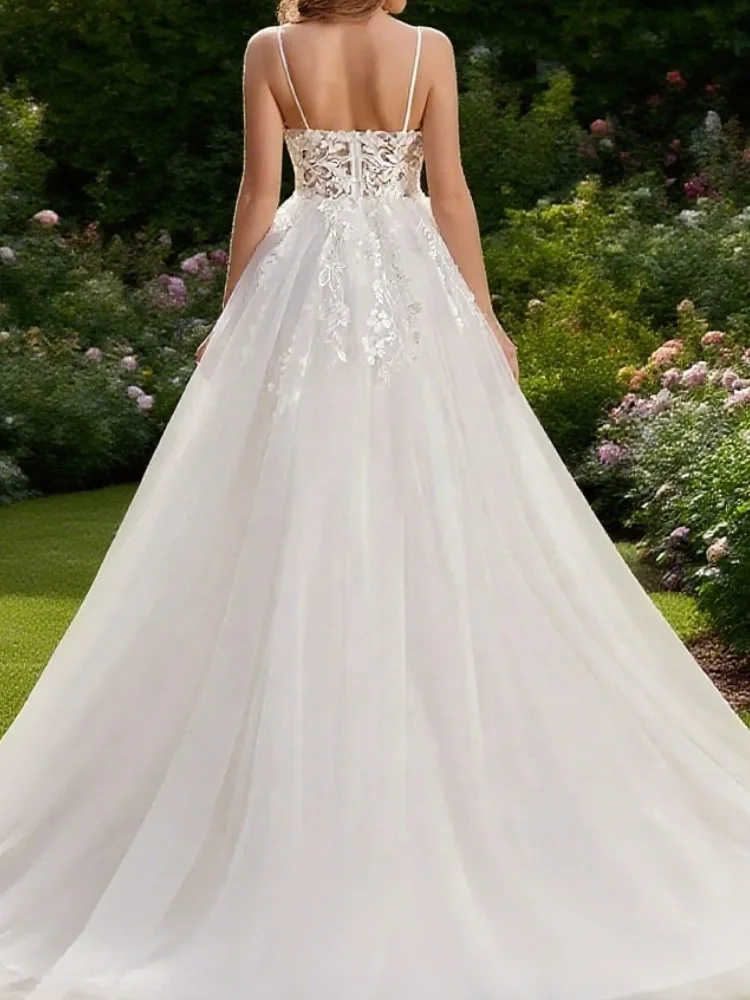 A Line Lace Wedding Dresses For Bride Women Floor Length Sexy Garden White Bridal Gown Customized