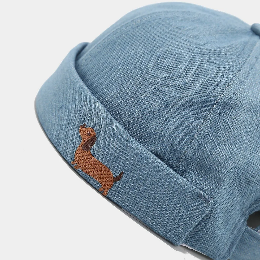 Повседневная джинсовая кепка без полей в стиле ретро, японский стиль, мультяшная шляпа с вышивкой собаки, регулируемая кепка-докер, унисекс