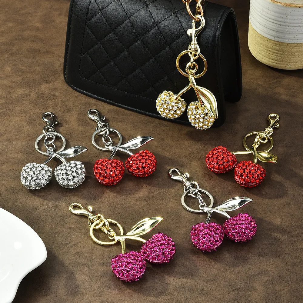 New Sparkling Luxury Diamonds Delicious Cherry Keychain Fruits Cherries Pendant For Women Men Jewelry Bag Accessories Gift 2025