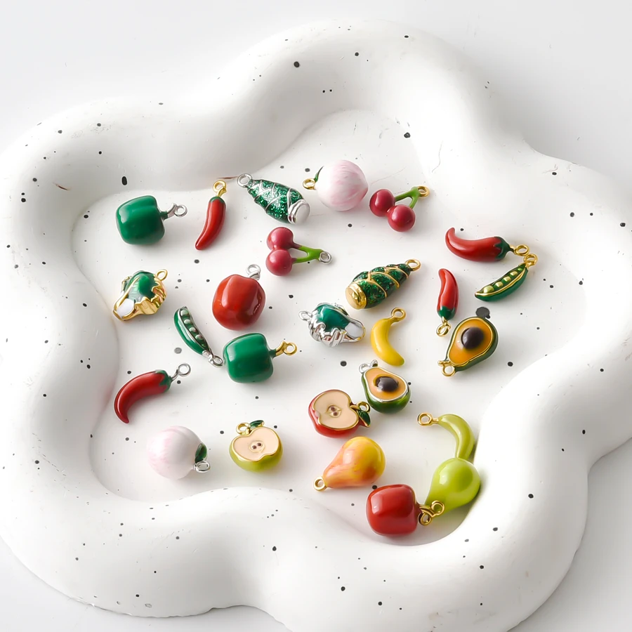 8Pcs/Lot Drip Oil Stainless Steel Vegetables Fruits Charms DIY Bananas Apples Avocados Chili Peppers Pendant Necklace Making