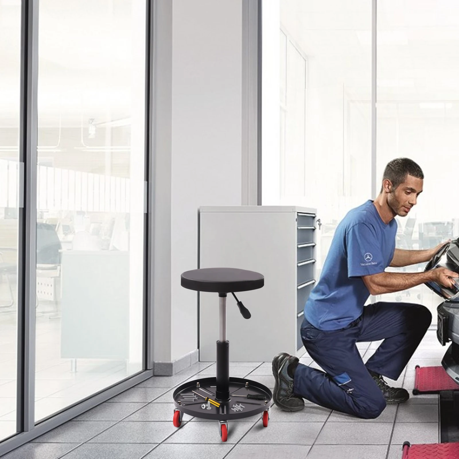 Siège à roulettes mécanique pneumatique, capacité de 44 à 56cm, capacité de 300lb, rembourrage et roulettes pivotantes en PU pour Garage/atelier