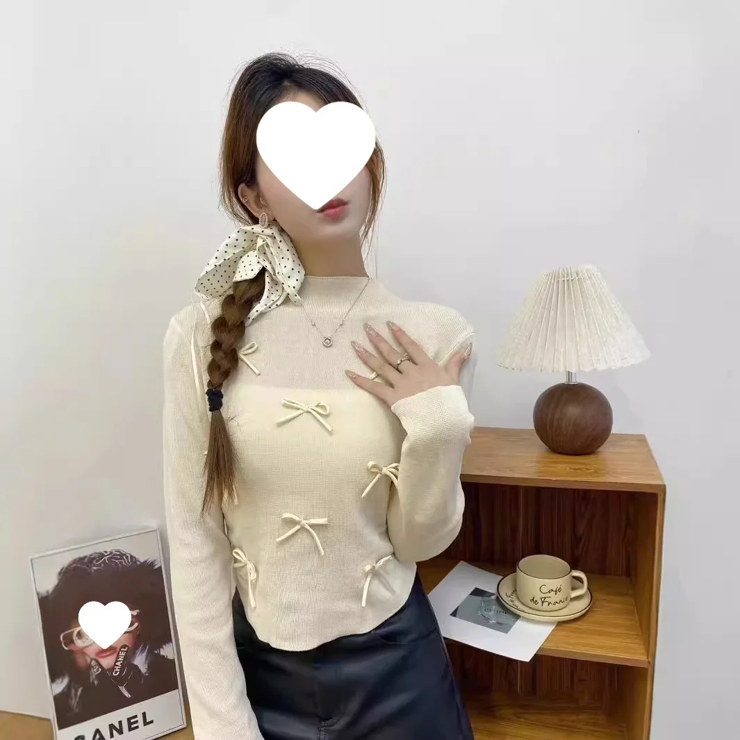 

American Style Long Sleeve Women's Knitted Sweater High Collar Butterfly Knot Waist Design Autumn Winter Inner Wear Top Wh5