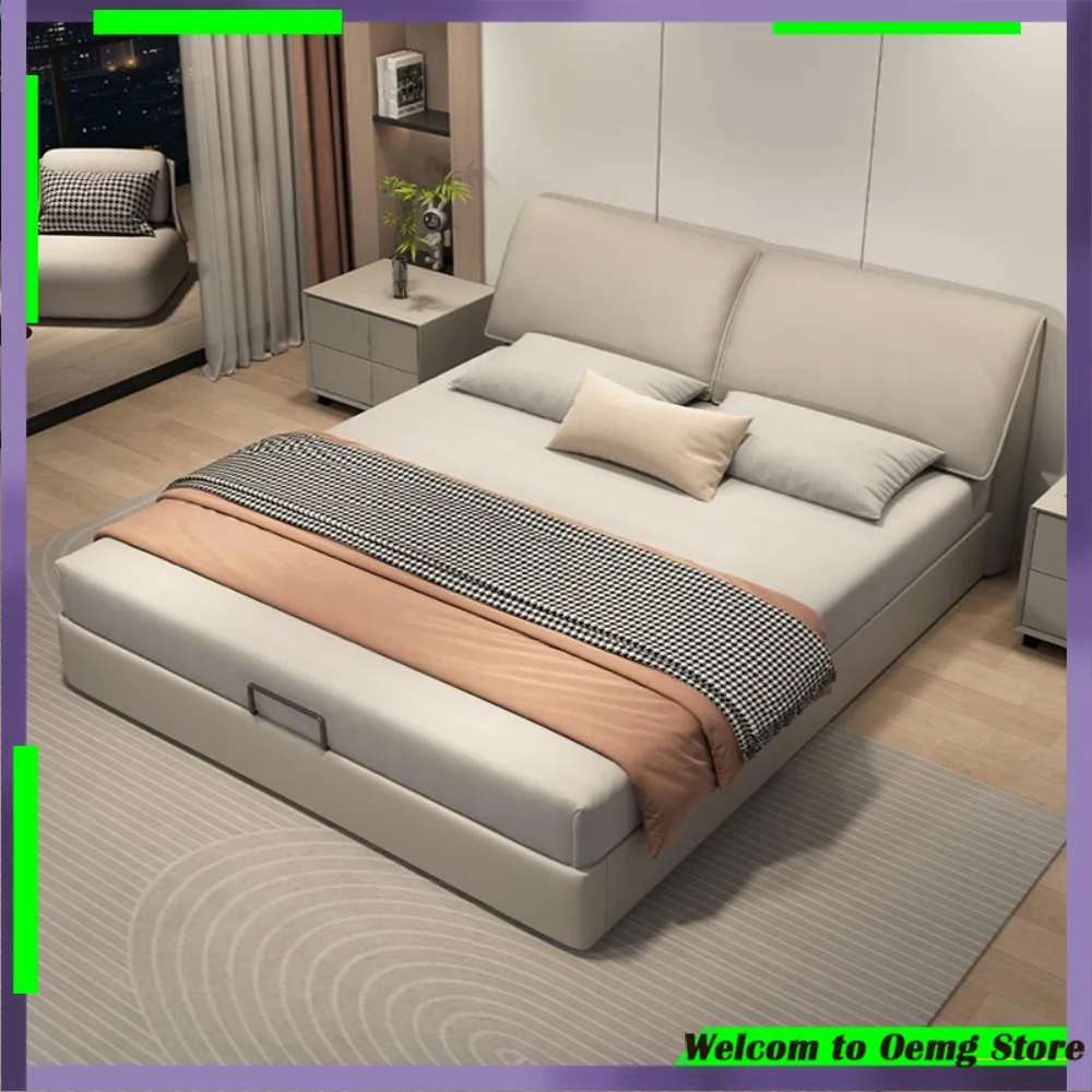 

Modern King Size Leather Bed Storage Headboard Stylish Double Frame Furniture Bedroom Kids Sleep Comfortably Designer Decoration