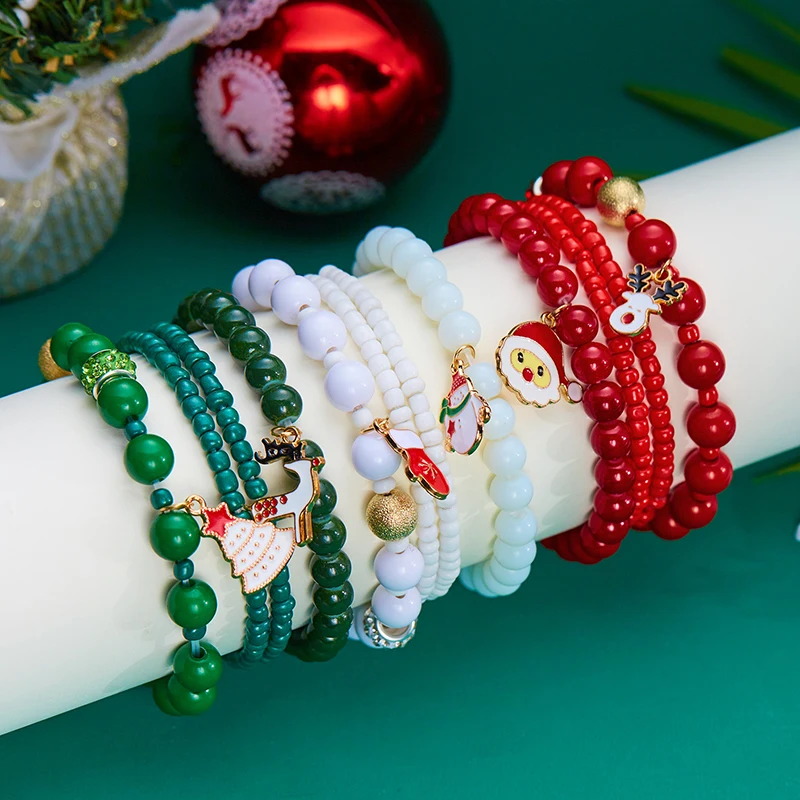 4Pcs/Set New Year Jewelry Gifts Christmas Colorful Beads Bracelets For Women Handmade Snowman Santa Claus Elk Pendant Bracelet