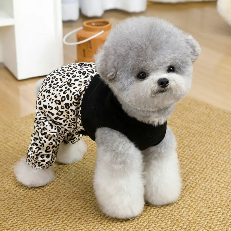 Luxury Pet Bodysuit Cute Soft Dog Onesie Cozy Dog Clothes Leopard Print Puppy Jumpsuit Warm Cat Pajamas Pet Overalls Pug Costume