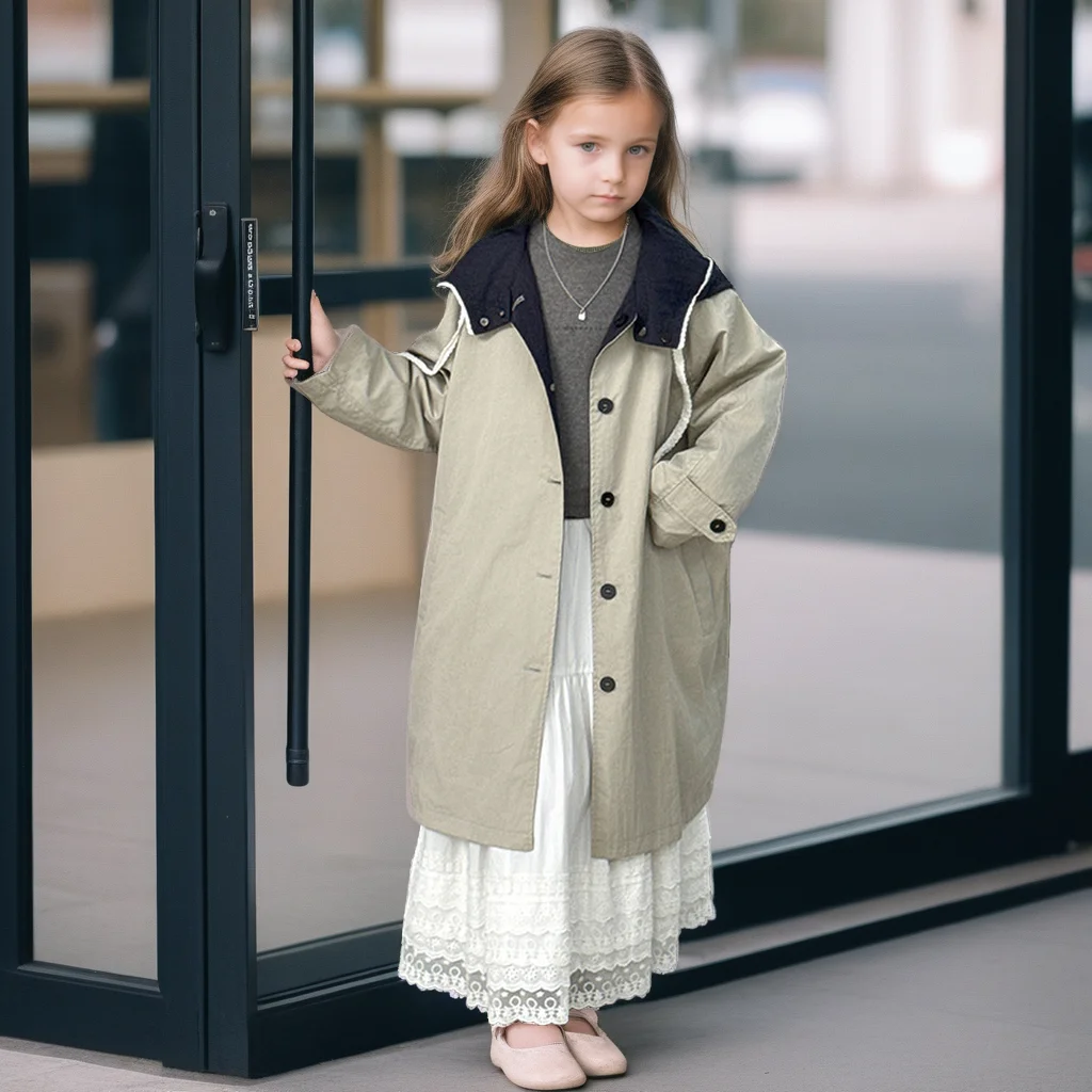 

Teen School Girls Outerwear Reversible Hooded Trench Coat Trendy Long Sleeve Windbreaker for Kids Autumn Two-Sided Wear Jacket