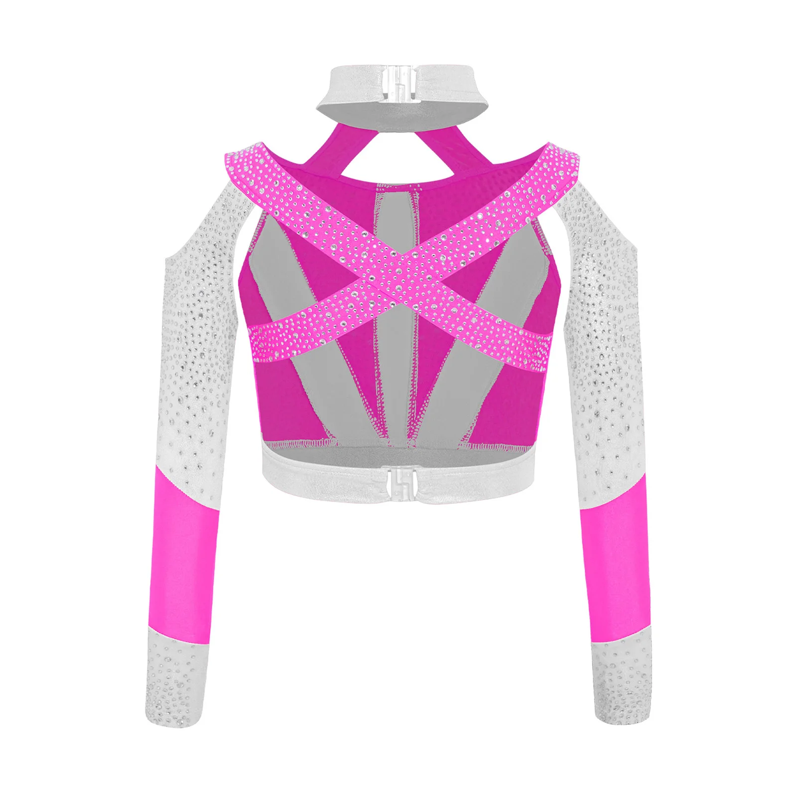 Girls Lyrical Yoga Belly Dance Costume Long Sleeve Shiny Rhinestone Cross Back Cutout Crop Top for Ballroom Stage Dance Show