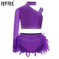 Kids Girls Ballet Dance Sets Performance Costume Rhinestones Gymnastics Tops Unique Irregular Shoulder Crop Top with Briefs Suit