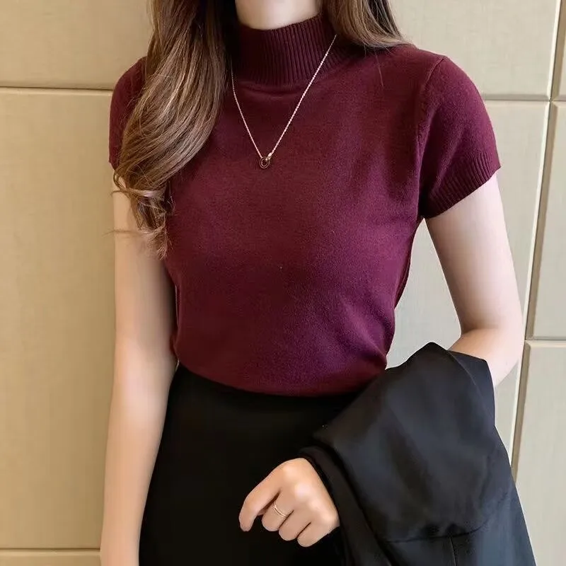 Damen-Pullover Frühling Sommer Kurzarm Rollkragen Dünner Strickpullover Lässige Koreanische Pullover Einfarbige Schlanke Oberteile