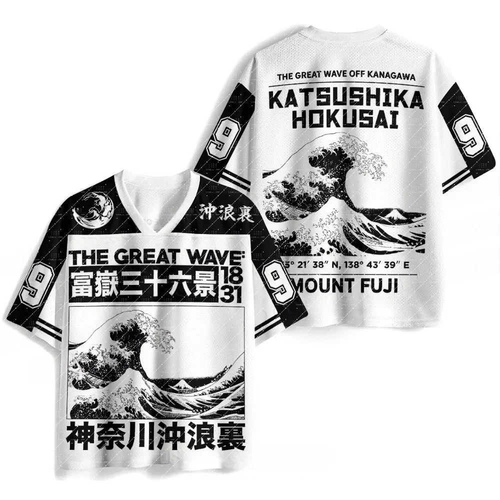 Maillot de football double face à col en V, imprimé Ukiyo-e Grande Vague Mont Fuji, noir et blanc, numéro 9, manches rayées, coupe ample, T-shirt de sport