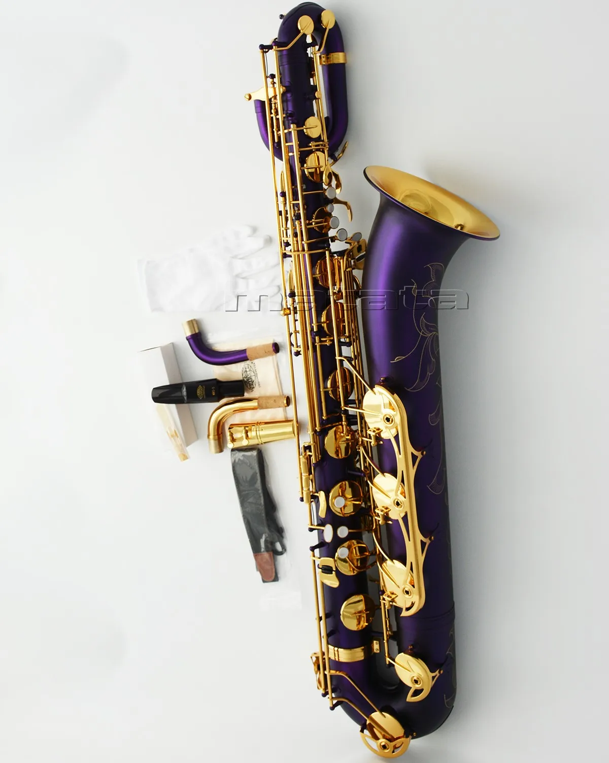 Fast Ship Matte purple Eb Baritone Saxophone Gold Bell Low A High F# Bari sax With 2 necks