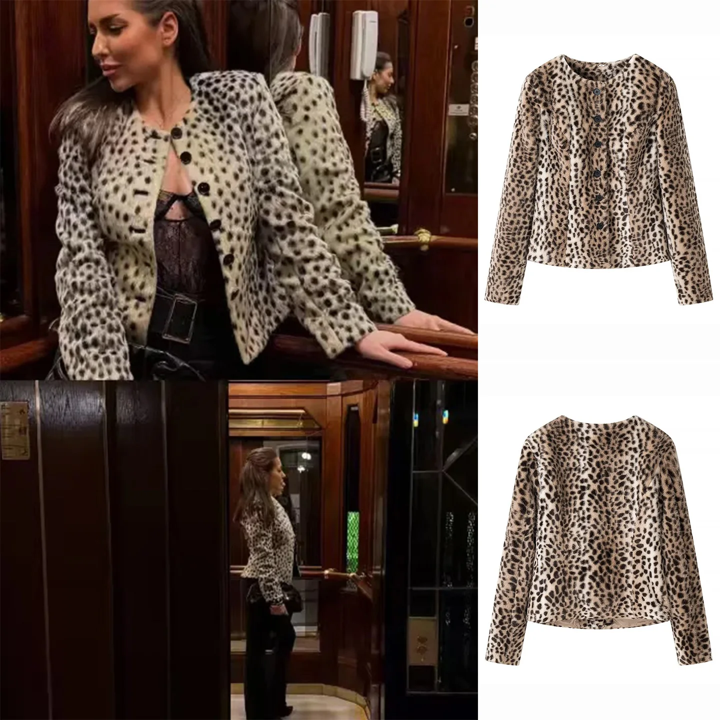 

Женская куртка в стиле ретро, короткая, без рукавов, из полиэстера, весна-лето, новинка, с круглым вырезом, длинный рукав, леопардовый принт, пальто