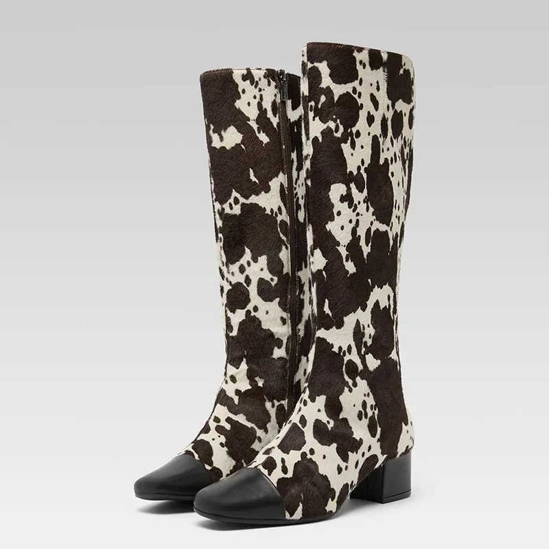 Women's Cow Print Calf Hair Knee High Boots Fashionable Pointed Toe Boots Black Leather Toe and Heel, Stylish and Unique Boots