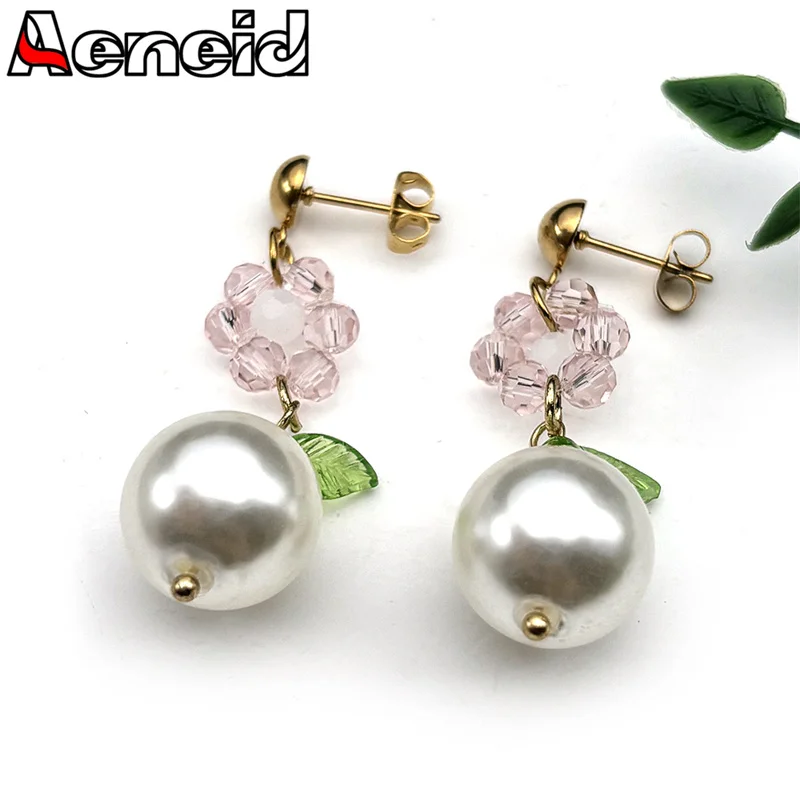 

Y2k Sweet Handmade Glass Pearl Beads Flower Stud Earrings For Women Jewelry Stainless Steel Luxury Crystal Dangle Earrings Gift