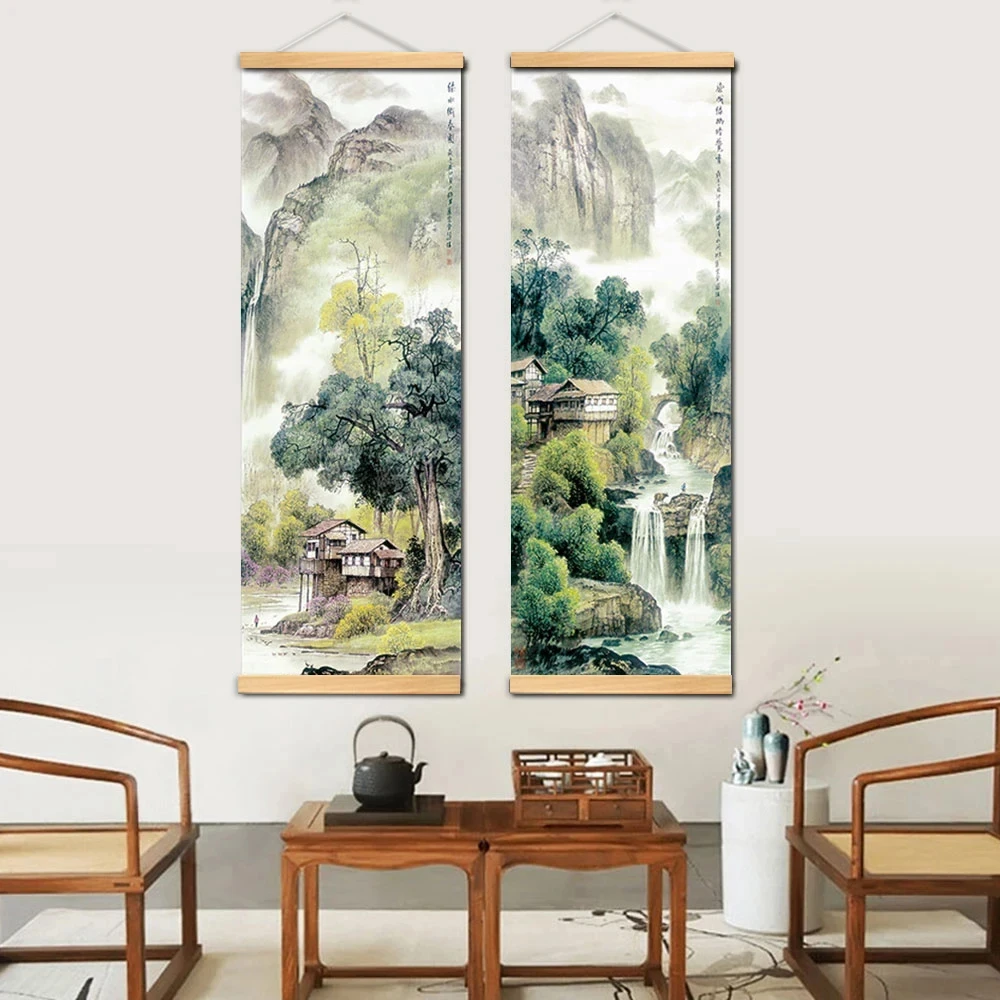 Chinese Traditional Style Four Seasons Landscape Canvas for Living Room Wall Art Poster Solid Wood Scroll Paintings Home Decor