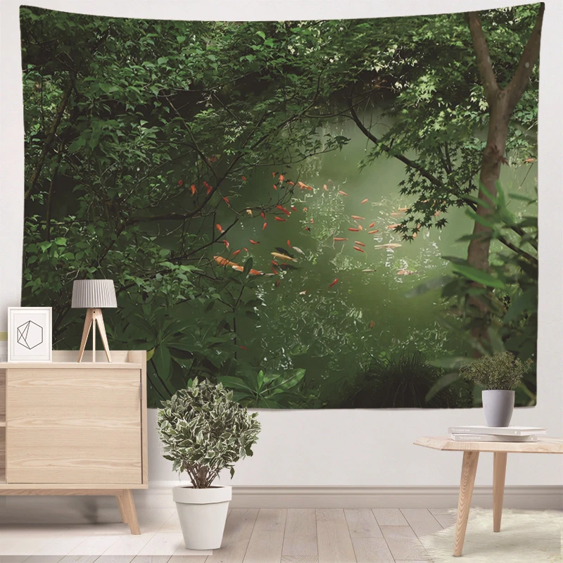 VIKAMA Forest Pond Koi Fish Tapestry Wall Hanging Green Nature Lake Goldfish Zen Aesthetic Wall Art Bedroom Living Room Decor