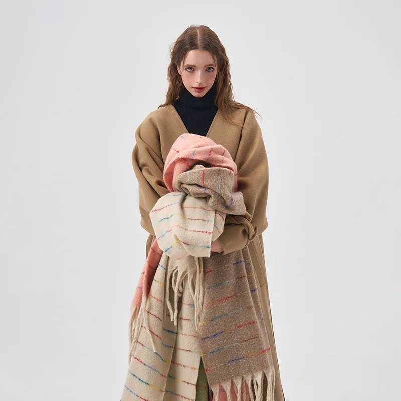 2023 Winter Plush Thickened Keep Warm Gradient Simple Color Colored Stripe Scarf Retro Tassel Women Collar Shawl Long Scarf