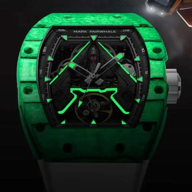 Mark Fairwhale Fashionable Men's Watches Fighter Jet Wine Barrel Rubber Strap Waterproof Tourbillon Mechanical Watch For Men