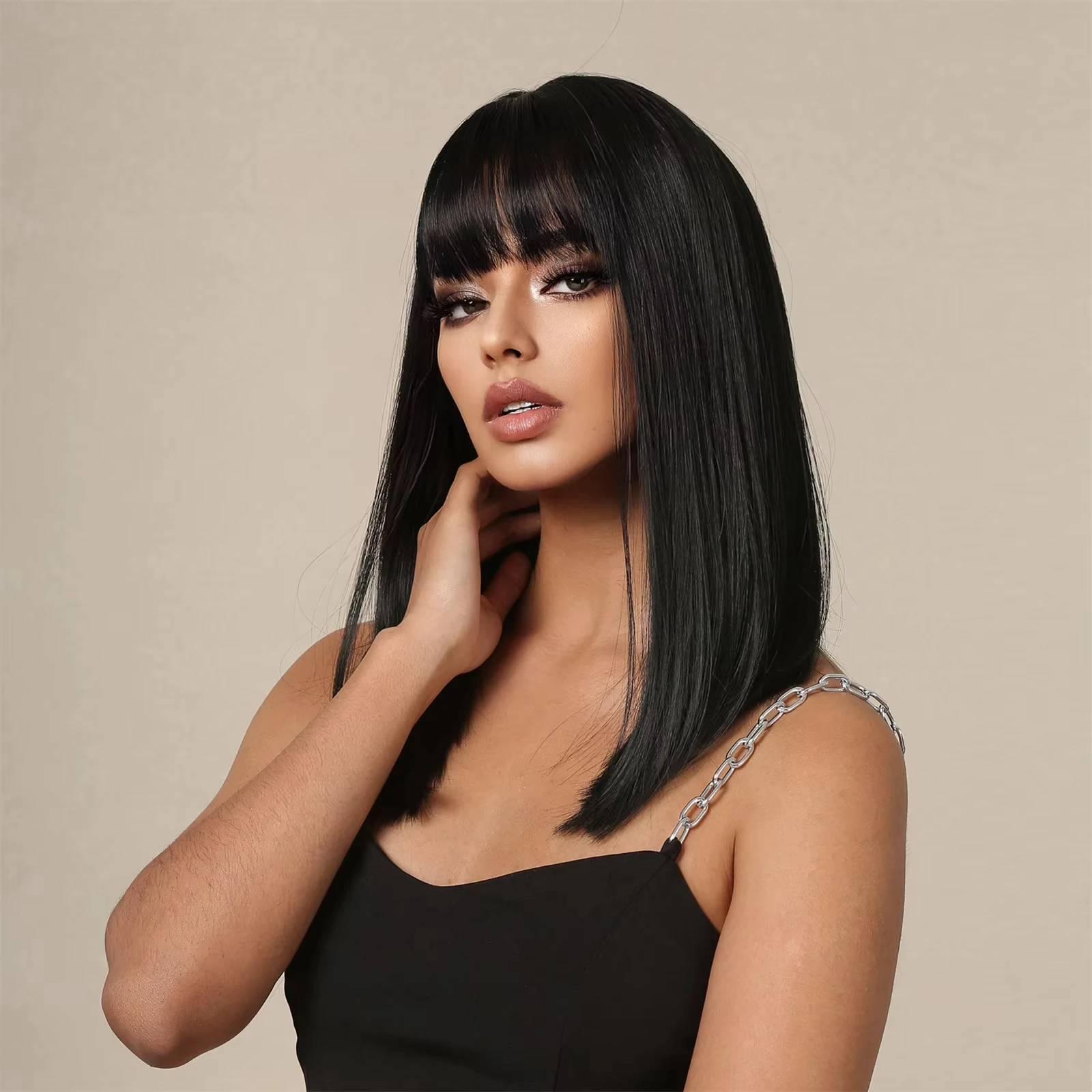 Straight Black Bob Synthetic Wig with Bangs
