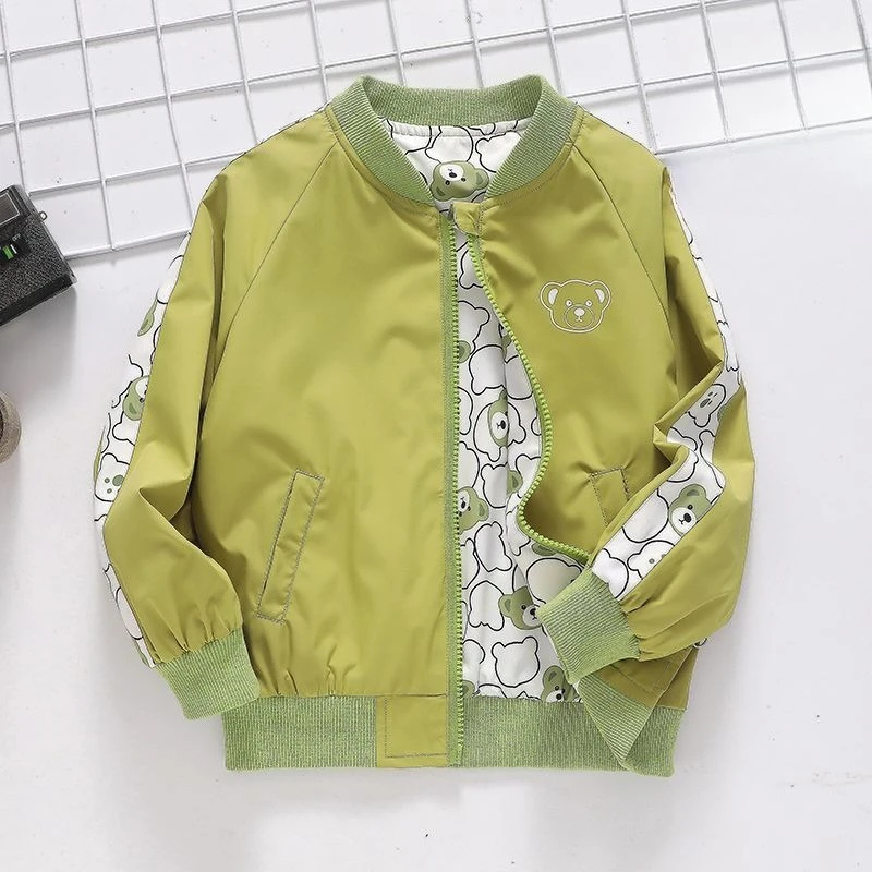 Reversible Cartoon Baseball Jacket for Toddler Boys Spring Autumn Kids' Sporty Jacket with Trendy Design 2 in 1 Kids' Outerwear