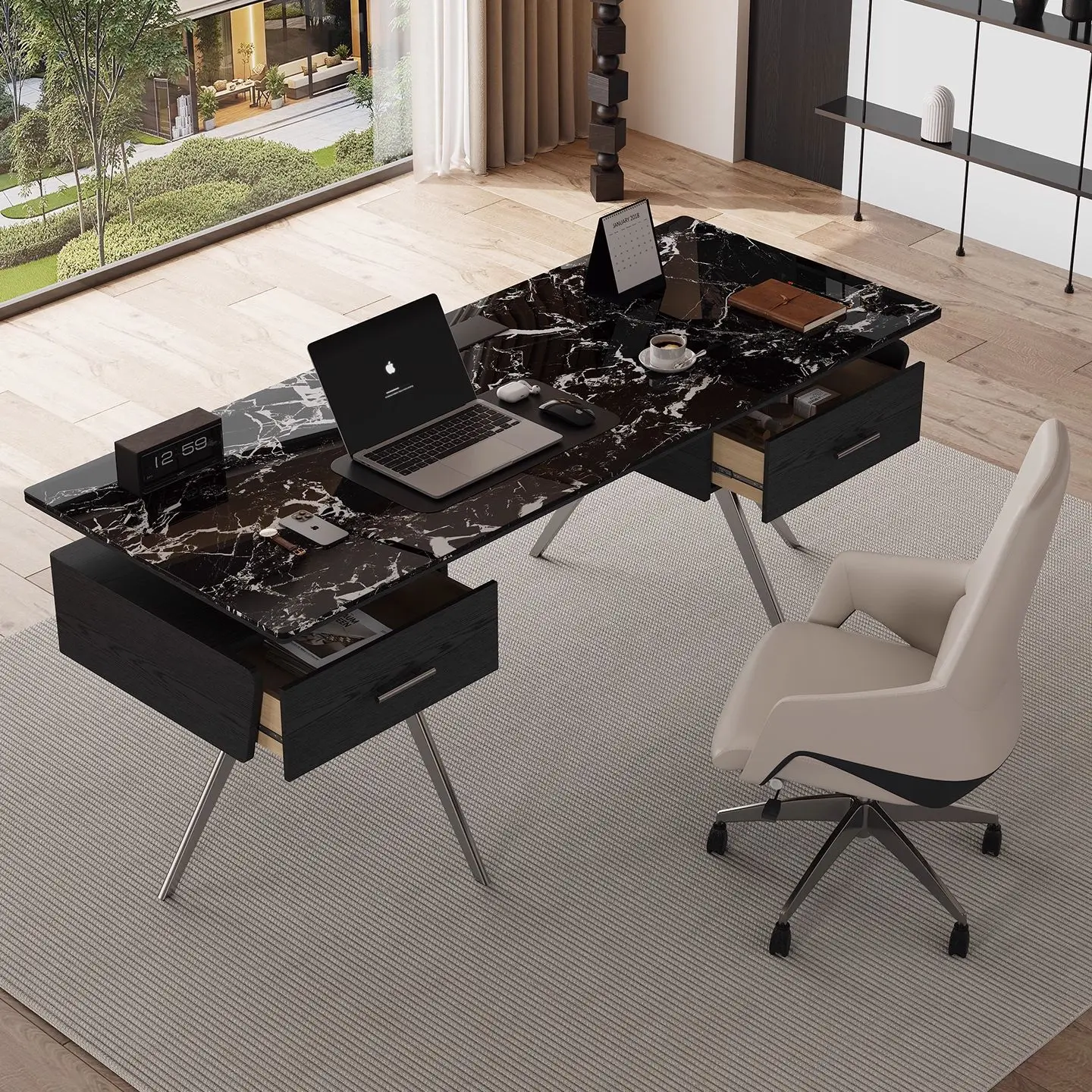 Retro Light Luxury Marble Desk Solid Wood Supercrystalline Stone Italian Minimalist Home Computer Desk Medical Beauty Consultati