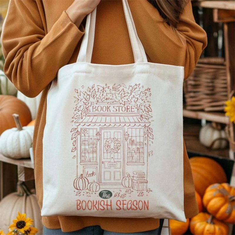 Printed Cute Shopping Bag Canvas Bag Book Store Bookish Season Leaves Pumpkins Graphic Women's Halloween Reusable White Handbag