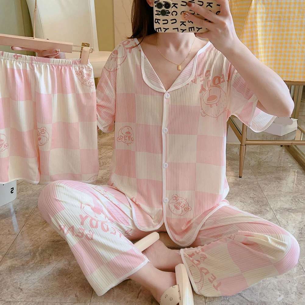 Womens Cute Printed Pajamas Tops Shorts Long Pants Three-piece Home Clothes Flirty Casuals Camis Top And Shorts Sets Loungewear