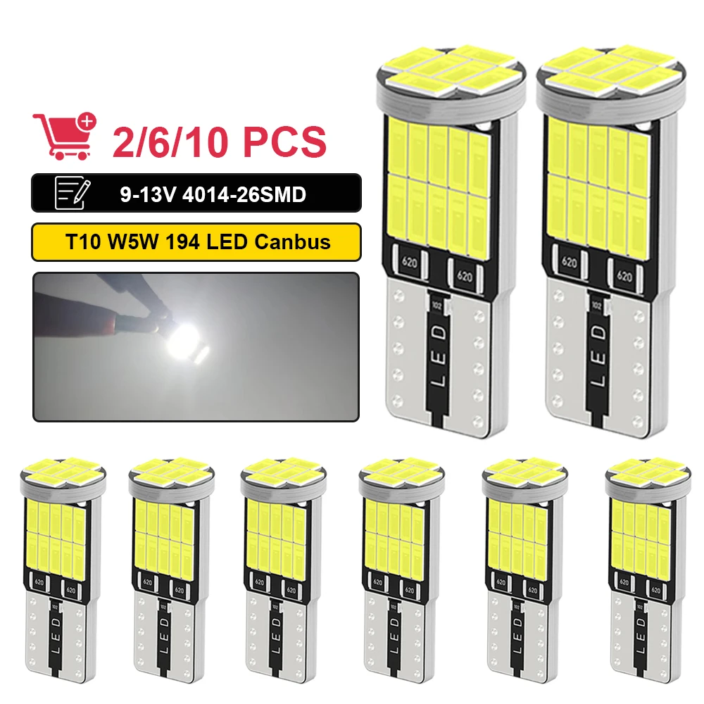 2/6/10 PCS T10 W5W LED Bulbs Canbus 12V 4014-26SMD 7000K White Car Interior Dome Reading Trunk License Plate Wedge Side Lights