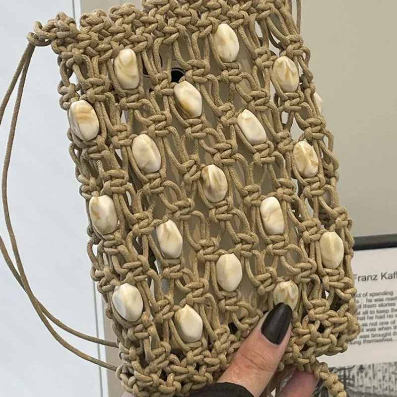 Handgefertigte Hohlperlen-Handytasche aus Steinperlen, Bohemian Crossbody-Tasche für Damen mit gewachstem Seil, Sommer-Strand-Urlaubs-Reisetasche – Detail 13
