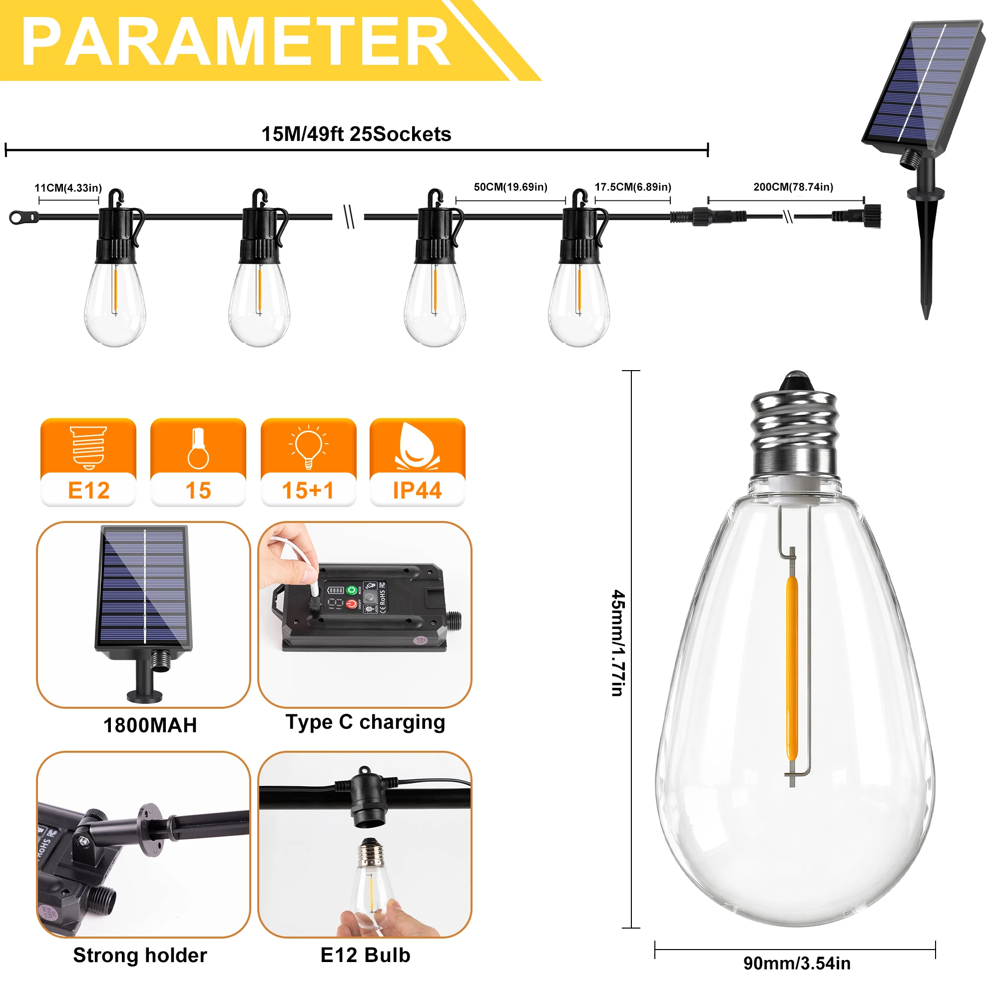 S14 Plastic Outdoor Solar String Light 24V Rechargeable Dimmable Waterproof Break-proof Hanging Lights for Garden Backyard Cafe