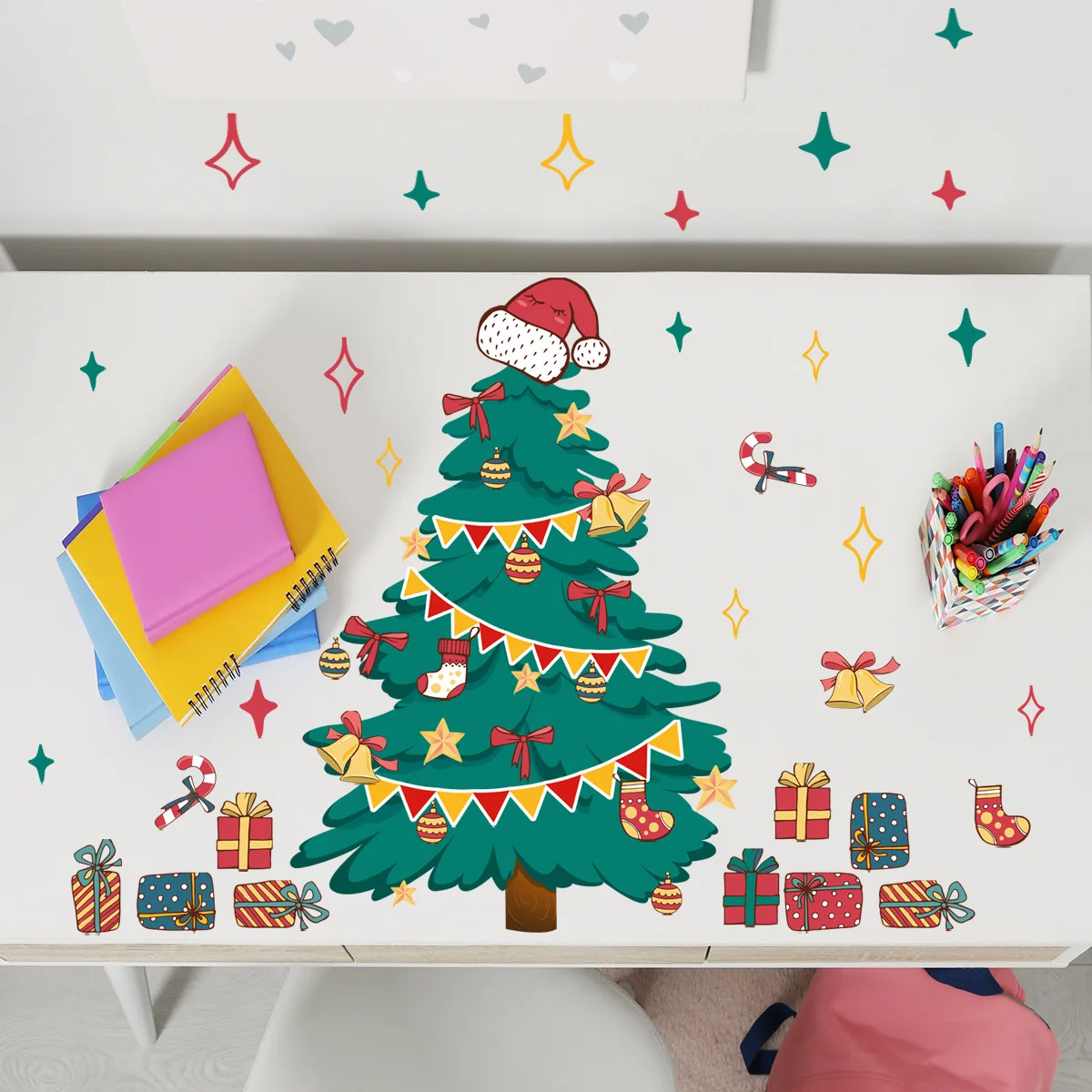 

2pcs Christmas Tree Star Christmas Wall Sticker Living Room Kindergarten Room Decoration Wall Sticker Self Adhesive Wall Sticker