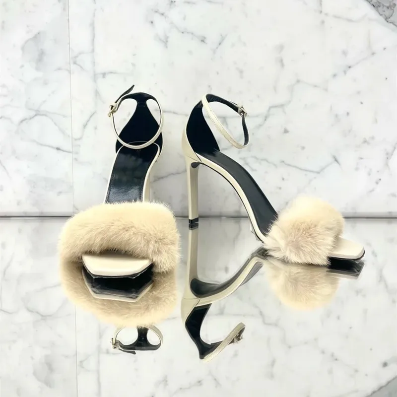 

Early Spring New Mink Fur Sexy Socialite High Heels, One-Piece Sandals, Women's Versatile Square Toe Slim Heels