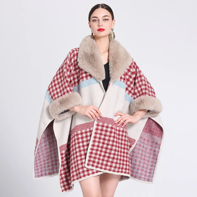 

3 Colors Winter Poncho Cape Triangle Faux Fur Neck Cloak Thicken Warm Loose Printed Plaid Batwing Sleeves Streetwear Long Coat