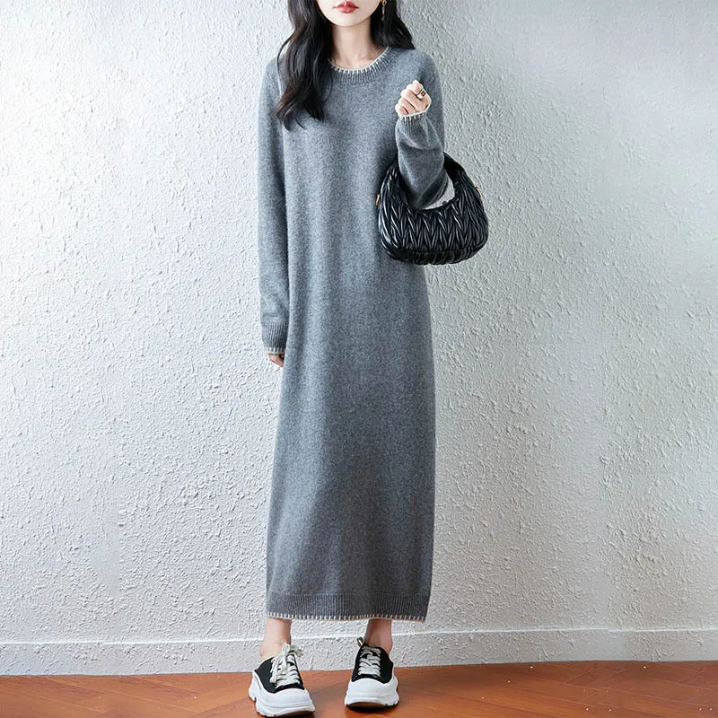 ZYCZCXXFall/hiver 2025 nouvelle robe tricotée 100% laine Pure femmes couleur ample correspondant à manches longues col rond robe de mode douce