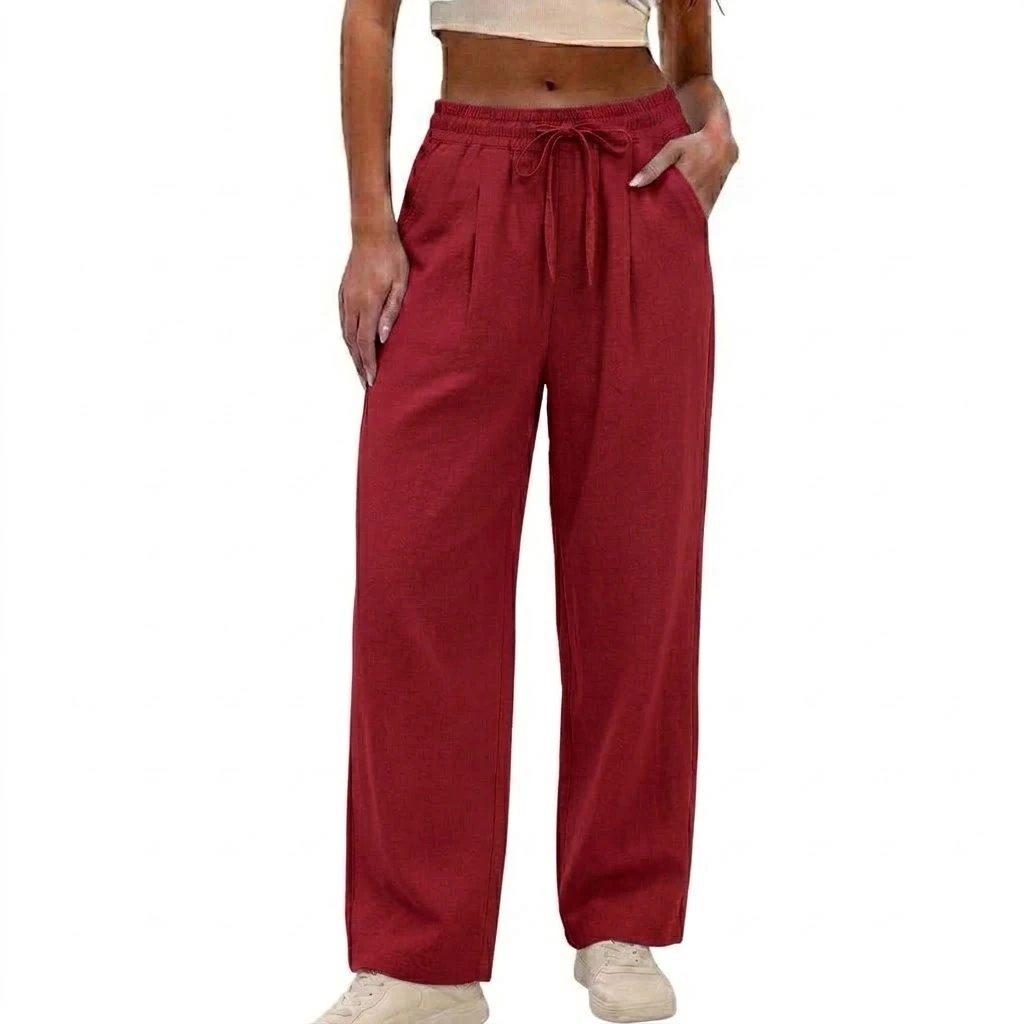 Neue Damen-Baumwollhose mit weitem Bein, lässige, lockere, hochtaillierte lange Hose, weiche Jogginghose, Baggy-Sweatpants mit Kordelzug für Sport. – Detail 11