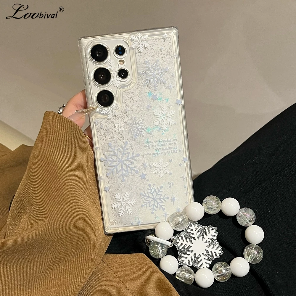 Glitter Quicksand Snowflake Bracelet Case for Samsung Galaxy S25 Ultra S24 FE S23 Plus S22 S21 A55 A54 A15 A35 Wrist Chain Cover