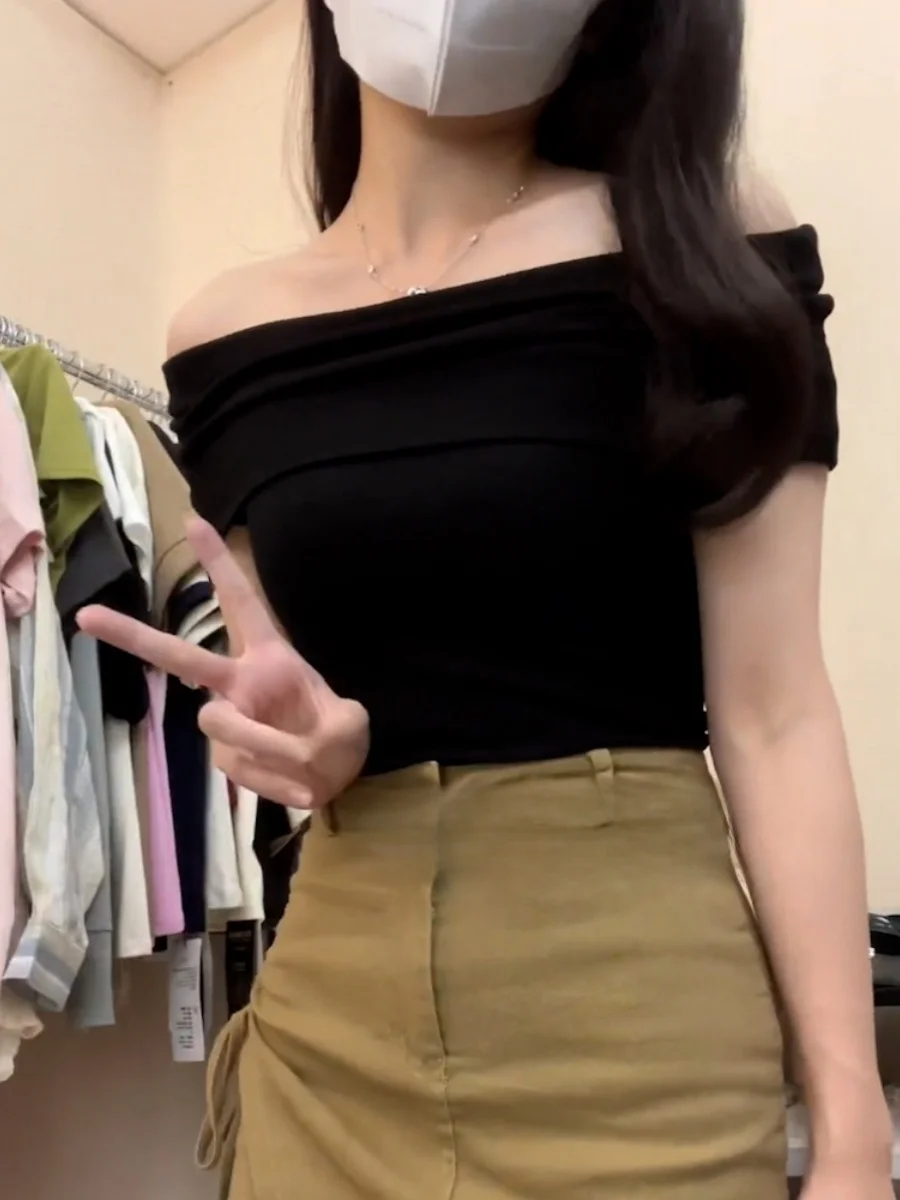 Black Shoulder Bared Short Sleeve T Shirt Women Summer New Style Slim Fit Short Length Hot Girl Commute Style Korean Version ...