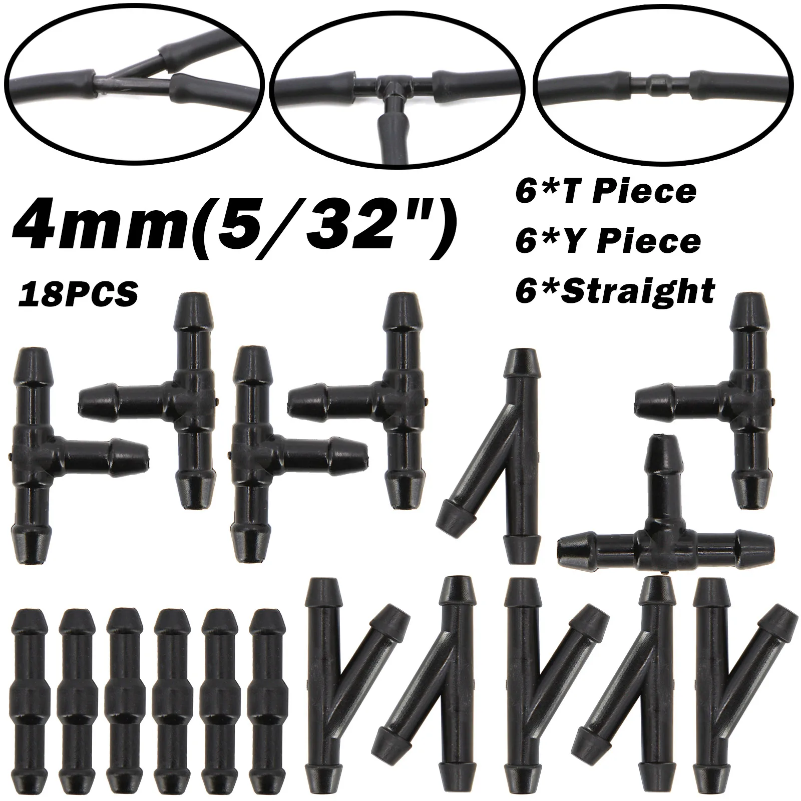 

18Pcs Universal Wiper Washer Nozzle Hose Tubing Joiner Pipe Connector T Piece Straight Tee 3 Way Y Piece Air Fuel Water Petrol