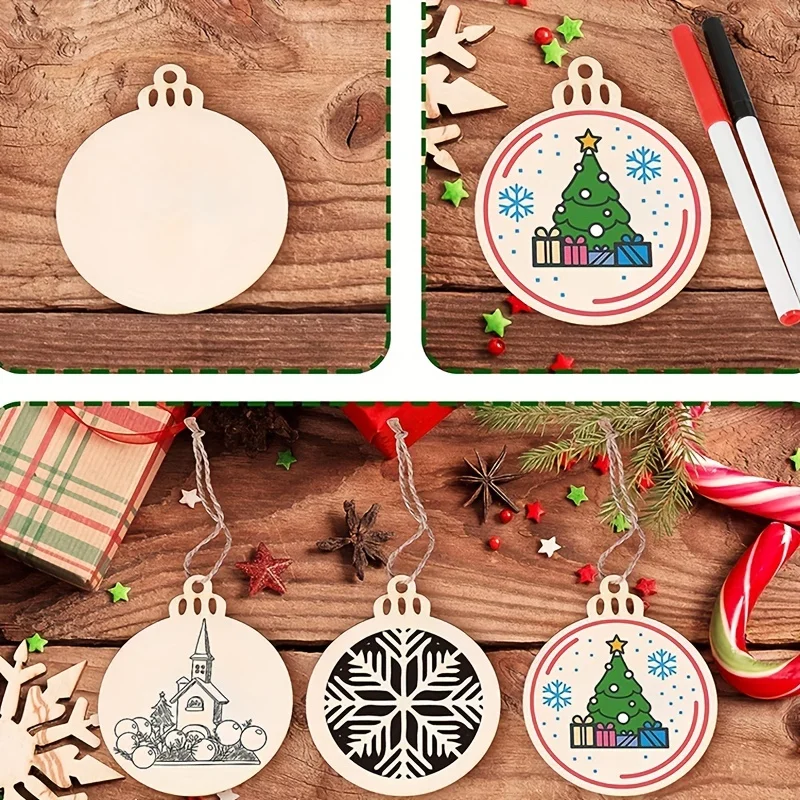 100 Uds. Adornos navideños de madera sin terminar, regalo artesanal para pintar para decoraciones de árboles de Navidad, decoración colgante navideña