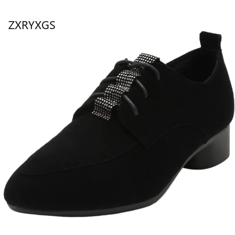 

ZXRYXGS матовая овчина со стразами, темпераментная трендовая обувь, туфли большого размера на среднем каблуке, 2025 г., осенне-зимняя обувь из натуральной кожи, черные